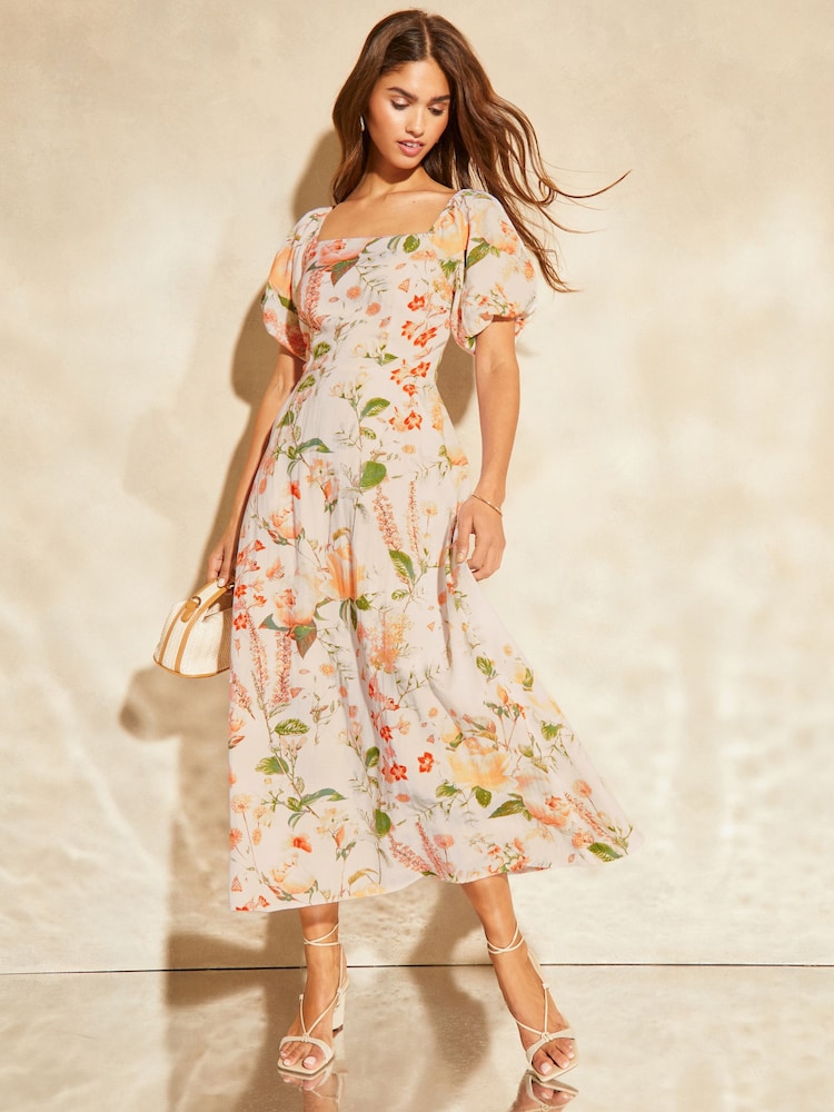 Lipsy White Puff Sleeve Square Neck Midaxi Linen Look Printed Dress - Image 1 of 4