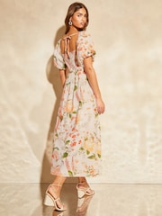 Lipsy White Puff Sleeve Square Neck Midaxi Linen Look Printed Dress - Image 2 of 4