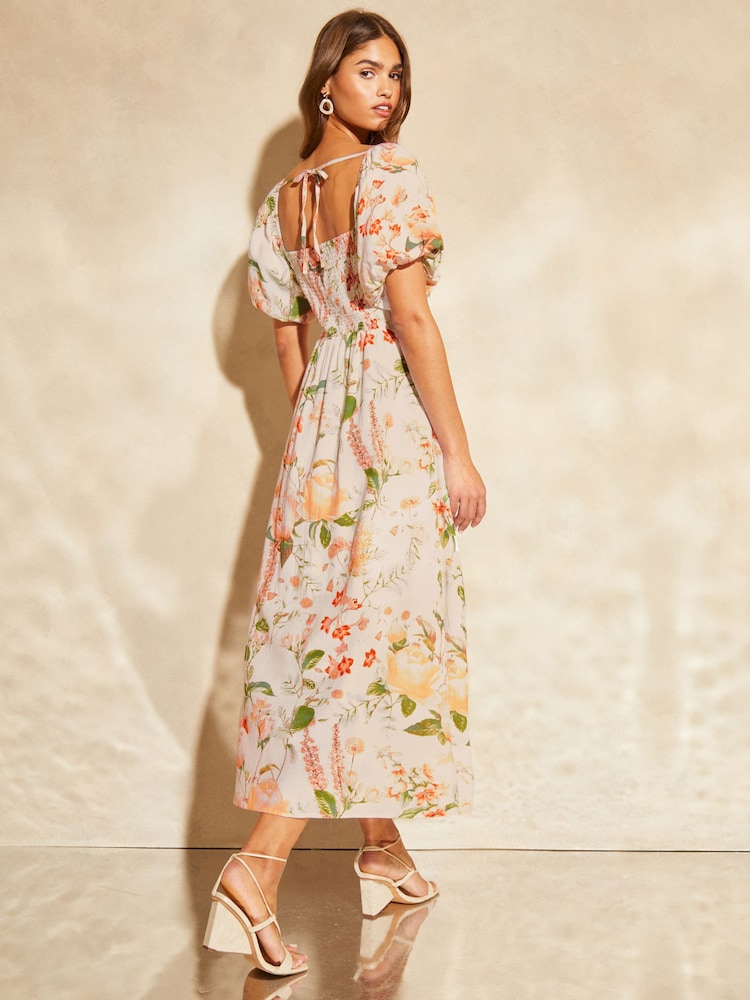 Lipsy White Puff Sleeve Square Neck Midaxi Linen Look Printed Dress - Image 2 of 4
