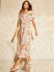 Lipsy White Puff Sleeve Square Neck Midaxi Linen Look Printed Dress - Image 3 of 4