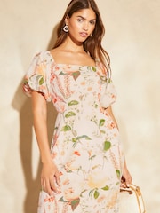 Lipsy White Puff Sleeve Square Neck Midaxi Linen Look Printed Dress - Image 4 of 4