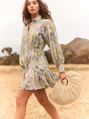 Lipsy Green Floral Linen Look Belted Tiered Shirt Dress - Image 1 of 4