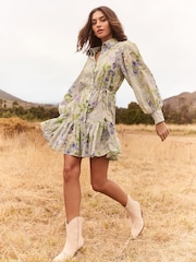 Lipsy Green Floral Linen Look Belted Tiered Shirt Dress - Image 3 of 4