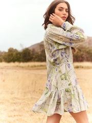 Lipsy Green Floral Linen Look Belted Tiered Shirt Dress - Image 4 of 4