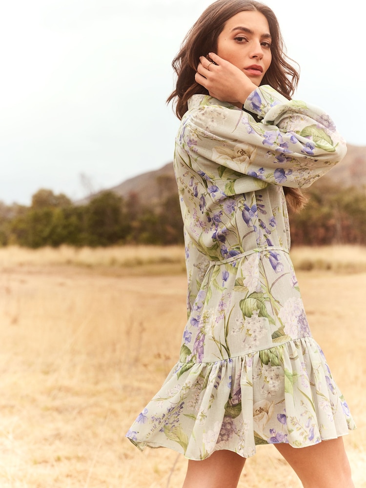 Lipsy Green Floral Linen Look Belted Tiered Shirt Dress - Image 4 of 4