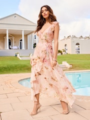 Lipsy Pink Petite Ruffle Cap Sleeve Wrap Midi Dress - Image 1 of 4