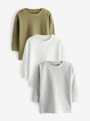 Grey/White/Green Textured 100% Cotton Long Sleeve T-Shirts 3 Pack (3mths-7yrs) - Image 1 of 6