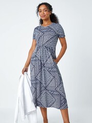 Roman Blue Aztec Print Midi Dress - Image 2 of 5
