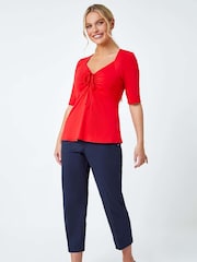 Roman Red Ruched Ribbed Stretch Top - Image 4 of 5