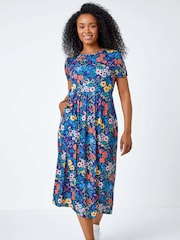 Roman Blue Floral Gathered Stretch Pocket Midi Dress - Image 1 of 5