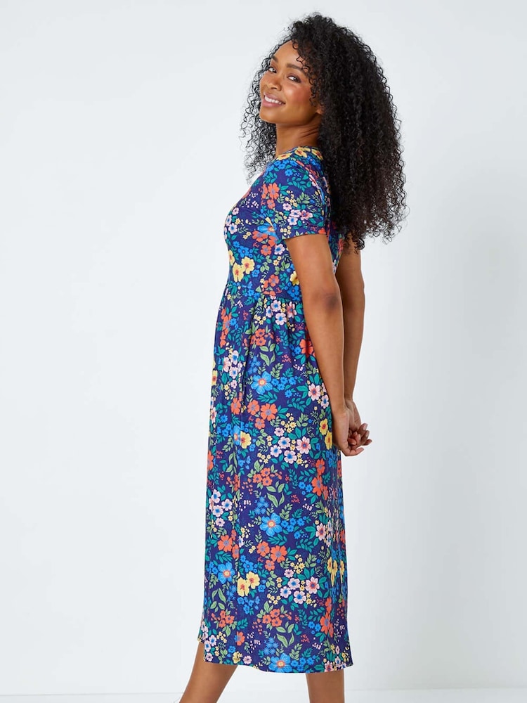 Roman Blue Floral Gathered Stretch Pocket Midi Dress - Image 2 of 5