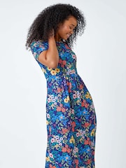Roman Blue Floral Gathered Stretch Pocket Midi Dress - Image 3 of 5