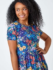 Roman Blue Floral Gathered Stretch Pocket Midi Dress - Image 4 of 5