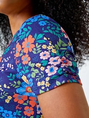 Roman Blue Floral Gathered Stretch Pocket Midi Dress - Image 5 of 5