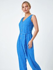 Roman Blue Sleeveless Polka Dot Jumpsuit - Image 2 of 5