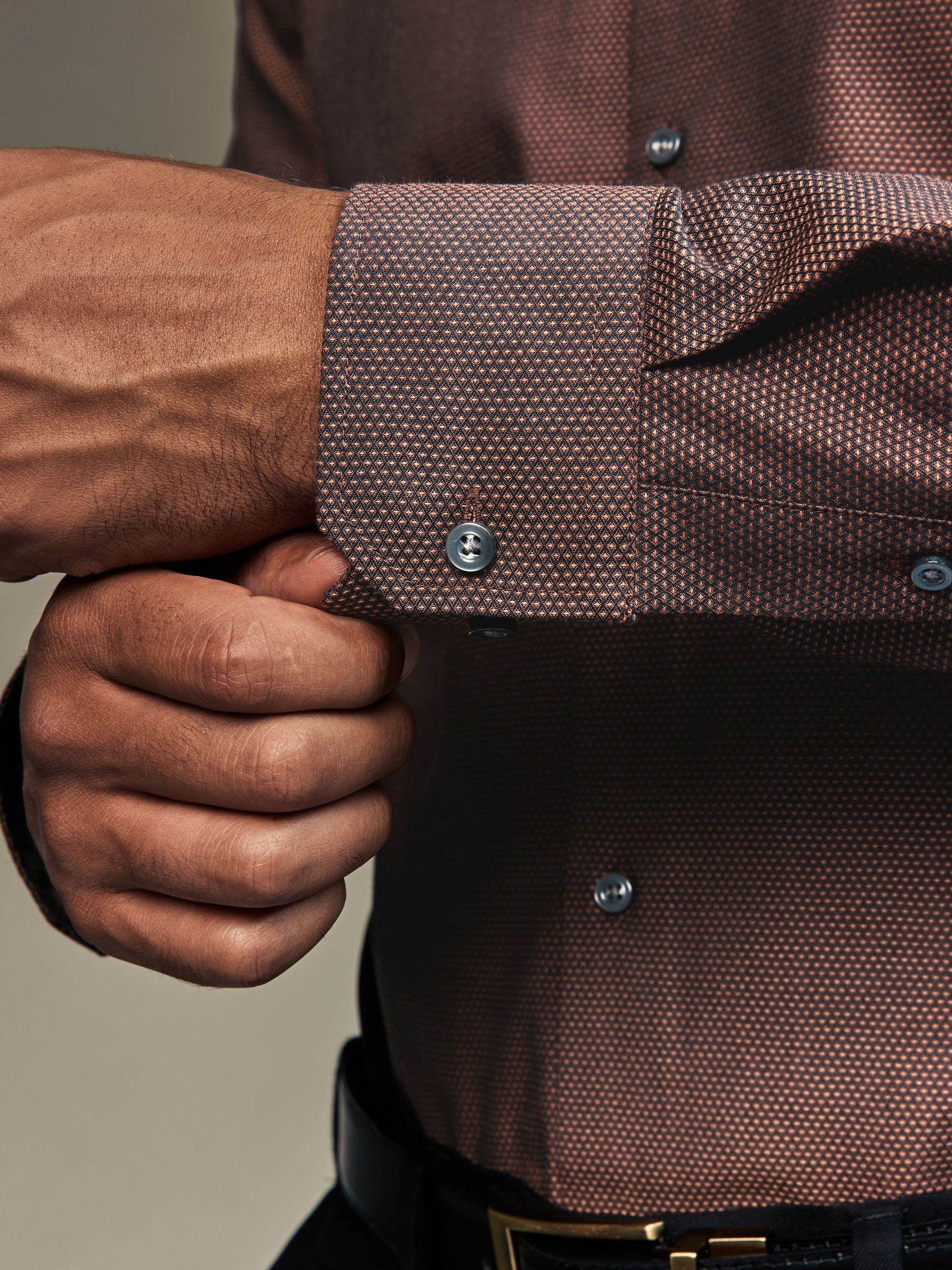 Buy Chocolate Brown Slim Fit Trimmed Easy Care Single Cuff
