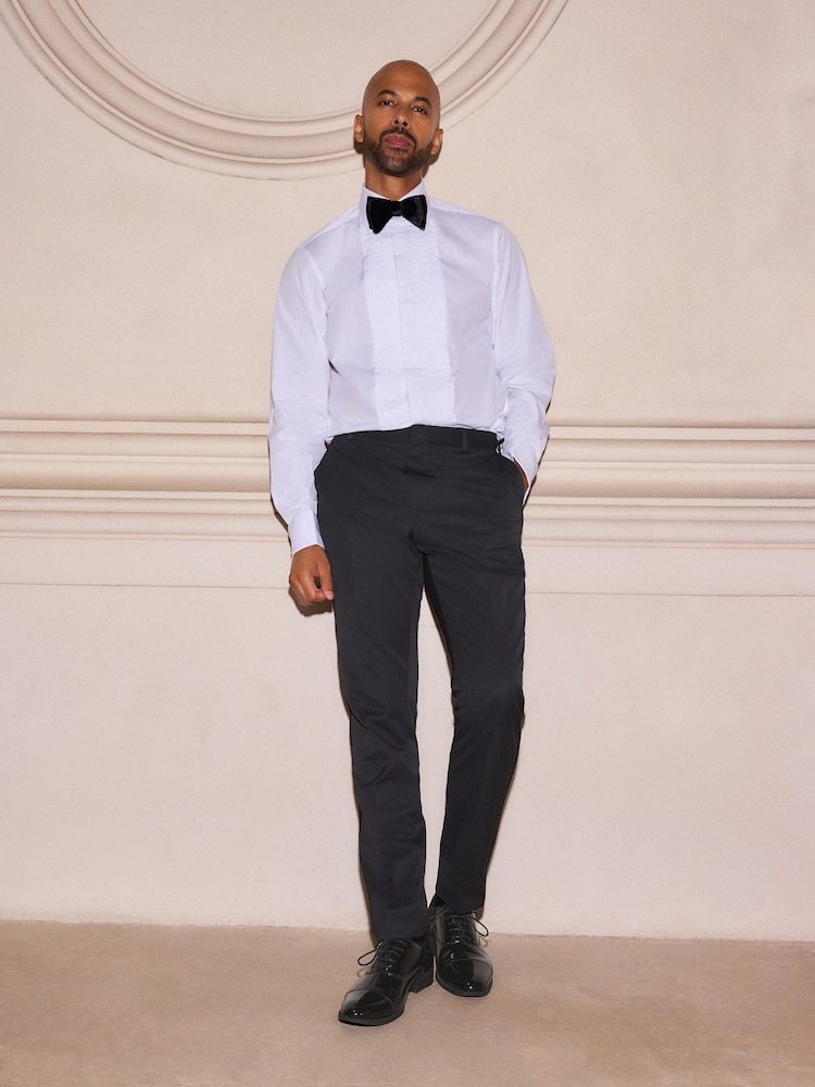 White Narrow Pleated Double Cuff 100% Cotton Dress Shirt With Cutaway Collar - Image 2 of 7