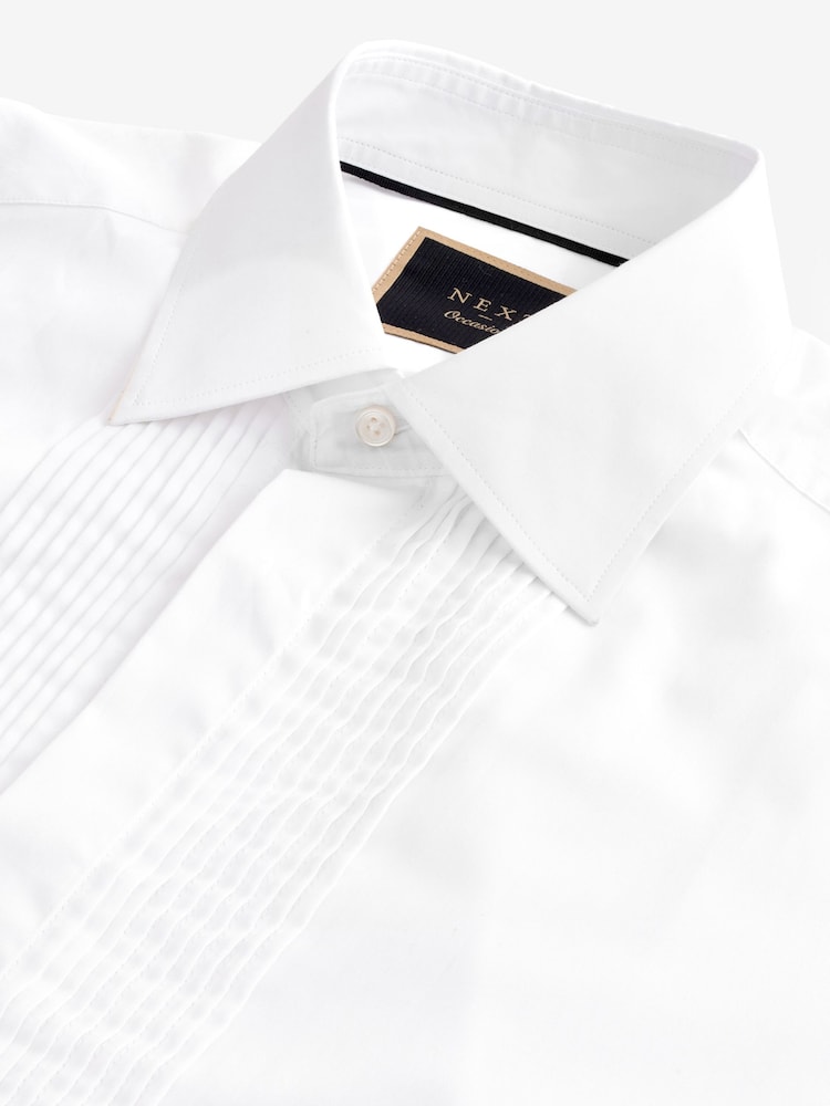 White Narrow Pleated Double Cuff 100% Cotton Dress Shirt With Cutaway Collar - Image 7 of 7
