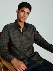 Green Geometric Regular Fit Printed Long Sleeve Single Cuff Formal 100% Cotton Shirt - Image 1 of 8