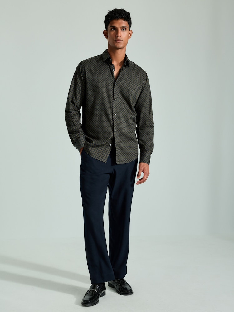 Green Geometric Regular Fit Printed Long Sleeve Single Cuff Formal 100% Cotton Shirt - Image 2 of 8