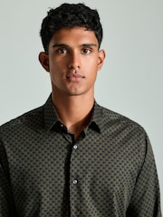 Green Geometric Regular Fit Printed Long Sleeve Single Cuff Formal 100% Cotton Shirt - Image 4 of 8