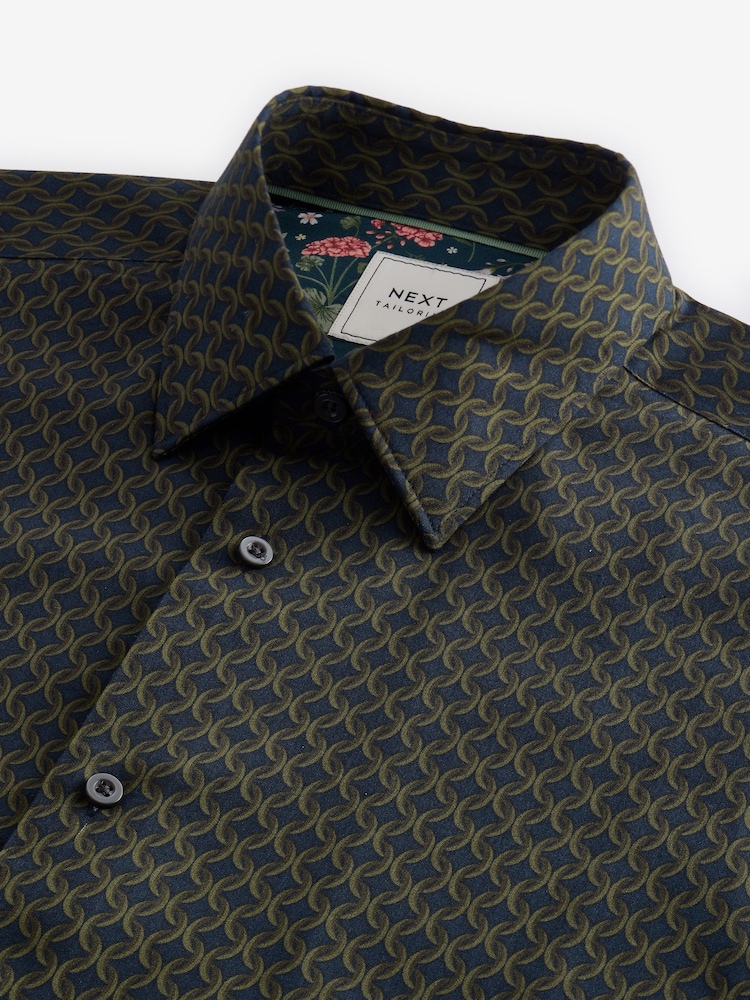 Green Geometric Regular Fit Printed Long Sleeve Single Cuff Formal 100% Cotton Shirt - Image 8 of 8