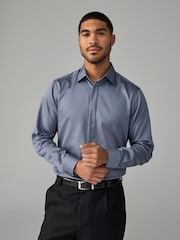 Dusky Blue Slim Fit 100% Cotton Long Sleeve Single Cuff Sateen Piped Shirt - Image 1 of 8