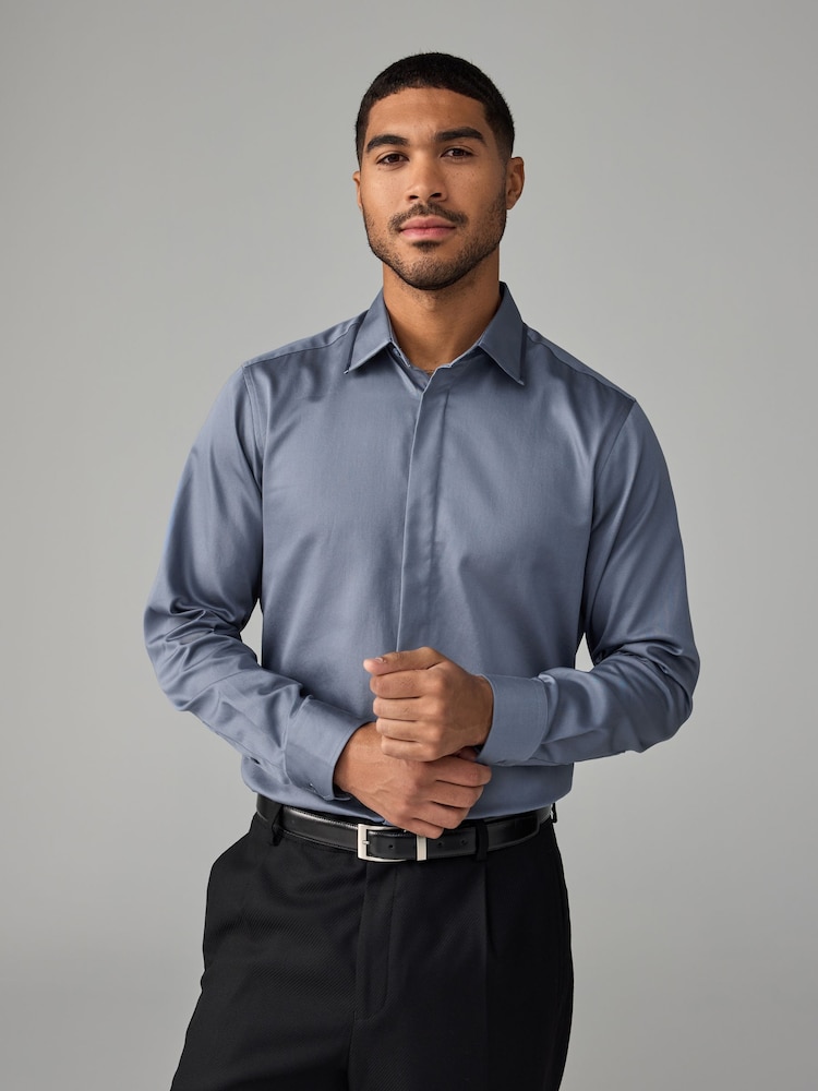 Dusky Blue Slim Fit 100% Cotton Long Sleeve Single Cuff Sateen Piped Shirt - Image 1 of 8