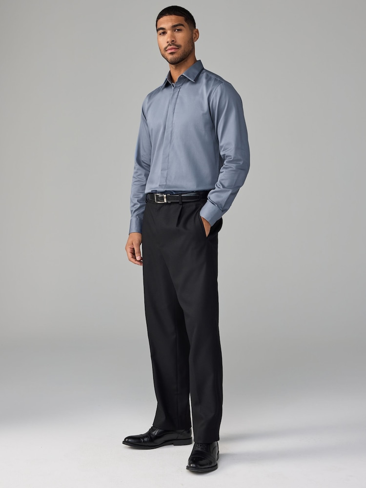 Dusky Blue Slim Fit 100% Cotton Long Sleeve Single Cuff Sateen Piped Shirt - Image 2 of 8