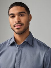 Dusky Blue Slim Fit 100% Cotton Long Sleeve Single Cuff Sateen Piped Shirt - Image 4 of 8
