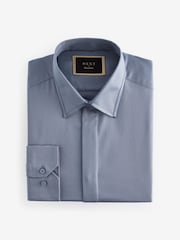 Dusky Blue Slim Fit 100% Cotton Long Sleeve Single Cuff Sateen Piped Shirt - Image 6 of 8