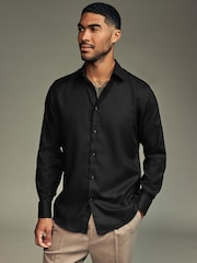 Black Regular Fit Trimmed Easy Care Long Sleeve Double Cuff Shirt - Image 1 of 7