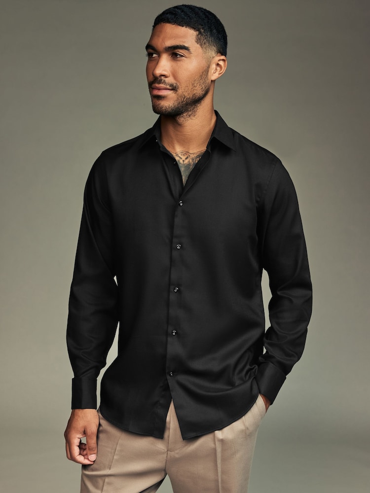 Black Regular Fit Trimmed Easy Care Long Sleeve Double Cuff Shirt - Image 1 of 7