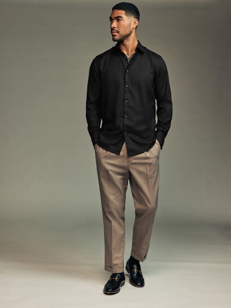 Black Regular Fit Trimmed Easy Care Long Sleeve Double Cuff Shirt - Image 2 of 7