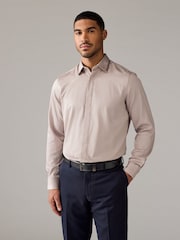 Neutral Brown Regular Fit 100% Cotton Long Sleeve Single Cuff Sateen Piped Shirt - Image 1 of 8