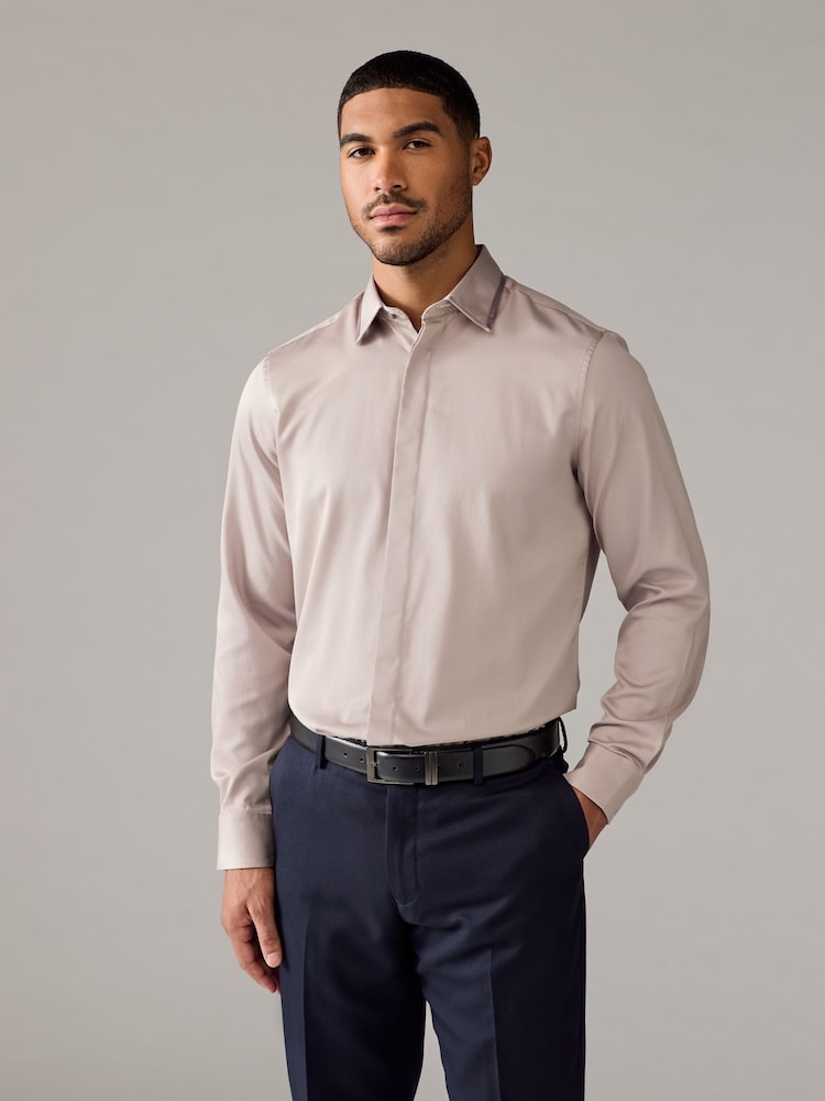 Neutral Brown Regular Fit 100% Cotton Long Sleeve Single Cuff Sateen Piped Shirt - Image 1 of 8