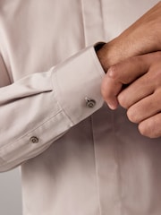 Neutral Brown Regular Fit 100% Cotton Long Sleeve Single Cuff Sateen Piped Shirt - Image 4 of 8
