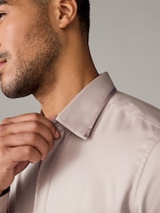 Neutral Brown Regular Fit 100% Cotton Long Sleeve Single Cuff Sateen Piped Shirt - Image 5 of 8