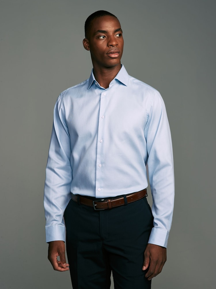 Light Blue Regular Fit Textured 100% Cotton Poplin Long Sleeve Single Cuff Shirt With Cutaway Collar - Image 1 of 9