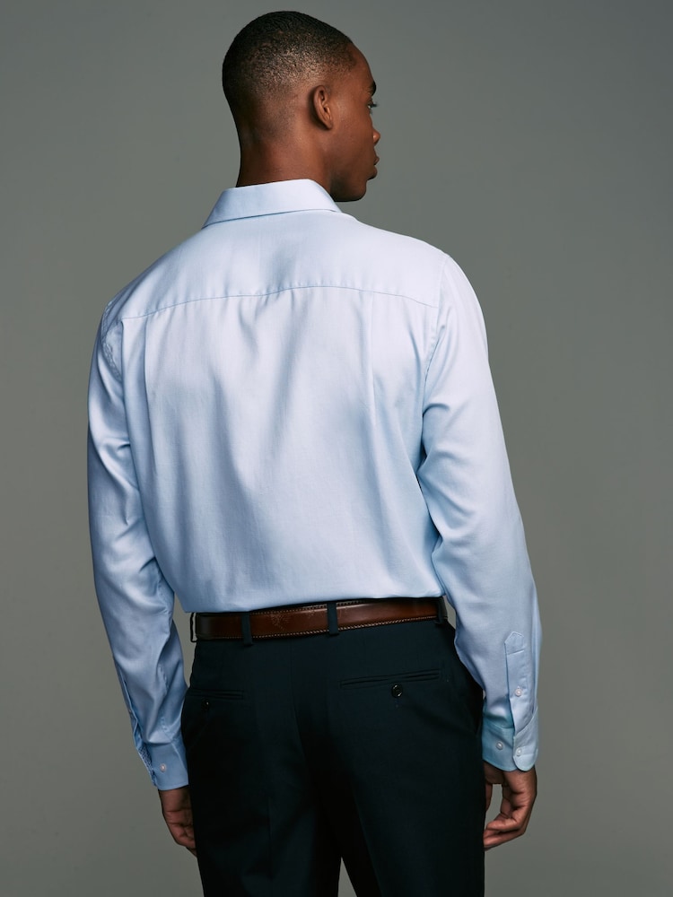 Light Blue Regular Fit Textured 100% Cotton Poplin Long Sleeve Single Cuff Shirt With Cutaway Collar - Image 3 of 9