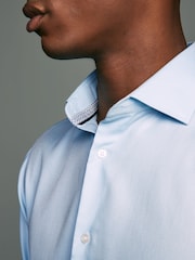 Light Blue Regular Fit Textured 100% Cotton Poplin Long Sleeve Single Cuff Shirt With Cutaway Collar - Image 4 of 9