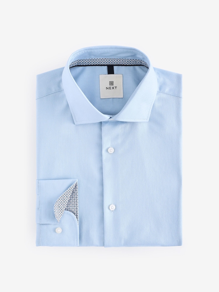Light Blue Regular Fit Textured 100% Cotton Poplin Long Sleeve Single Cuff Shirt With Cutaway Collar - Image 7 of 9
