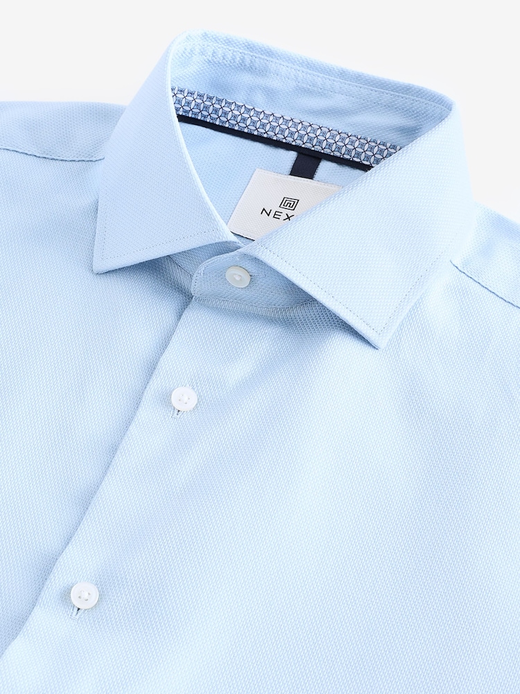 Light Blue Regular Fit Textured 100% Cotton Poplin Long Sleeve Single Cuff Shirt With Cutaway Collar - Image 9 of 9