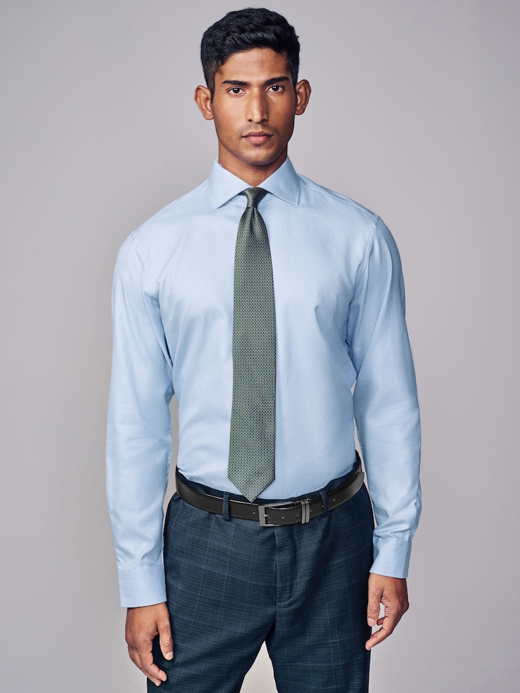 Blue Slim Fit Signature Single Cuff Texture Pima Cotton Shirt With Cutaway Collar - Image 1 of 8