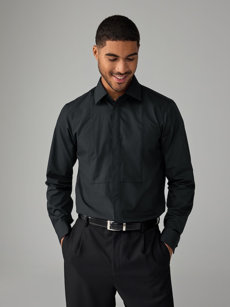 Black Regular Fit Textured Bib Long Sleeve Double Cuff Dress Shirt With Cutaway Collar - Image 1 of 8