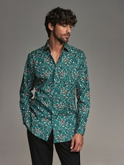 Navy Blue Floral Slim Fit Printed Long Sleeve Single Cuff Formal 100% Cotton Shirt - Image 1 of 7