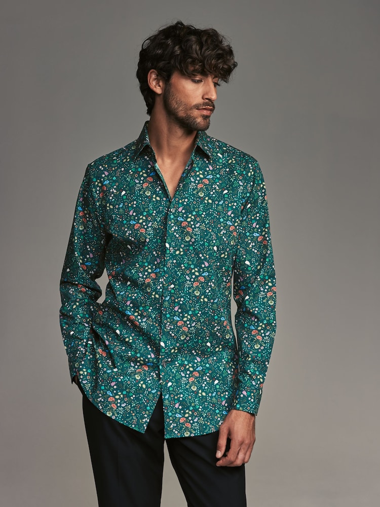 Navy Blue Floral Slim Fit Printed Long Sleeve Single Cuff Formal 100% Cotton Shirt - Image 1 of 7