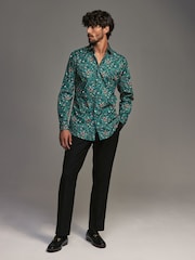 Navy Blue Floral Slim Fit Printed Long Sleeve Single Cuff Formal 100% Cotton Shirt - Image 2 of 7