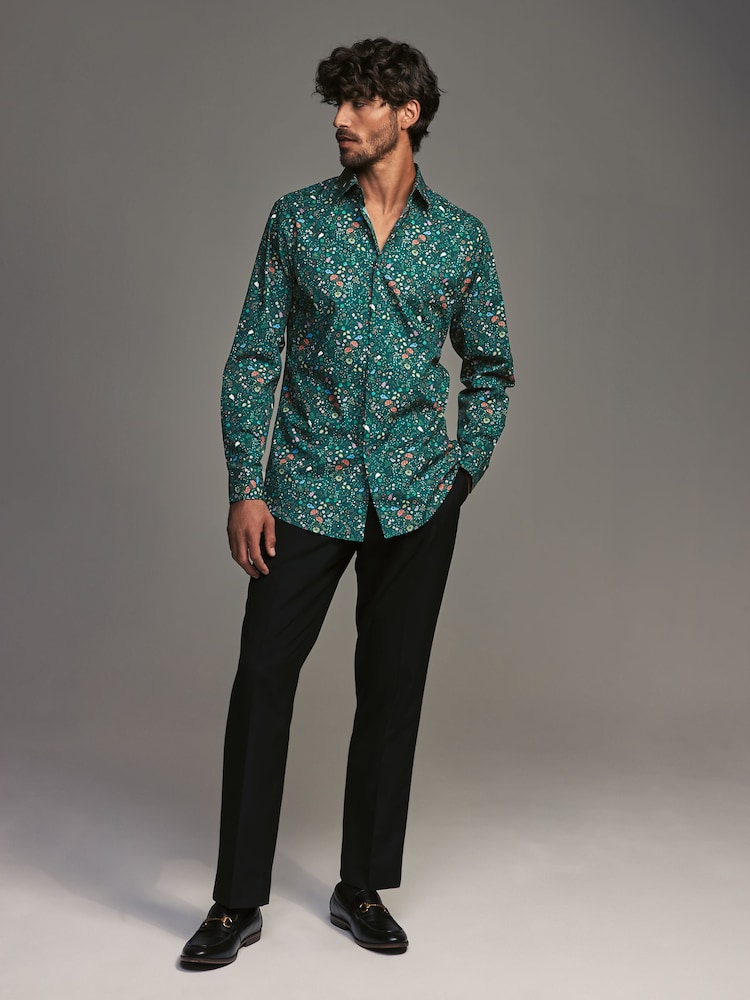 Navy Blue Floral Slim Fit Printed Long Sleeve Single Cuff Formal 100% Cotton Shirt - Image 2 of 7