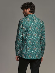 Navy Blue Floral Slim Fit Printed Long Sleeve Single Cuff Formal 100% Cotton Shirt - Image 3 of 7